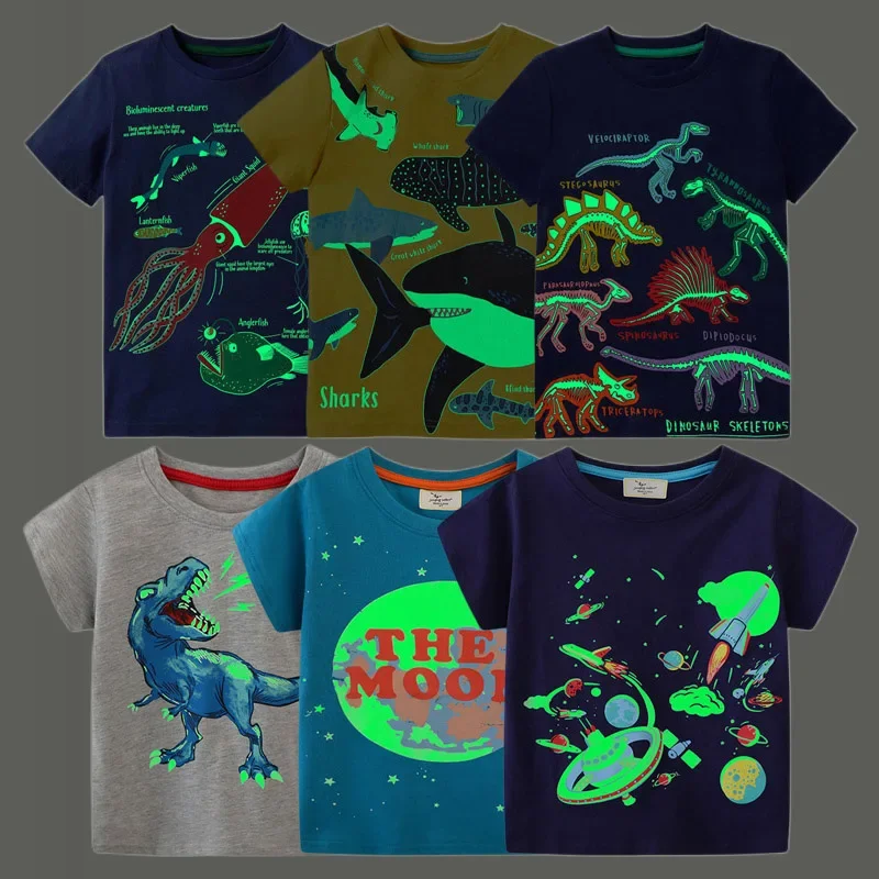 어린이용 야광 공룡 상어 만화 티셔츠, 소년 셔츠, 점퍼 탑, 아동복, 2024 여름 신상 패션