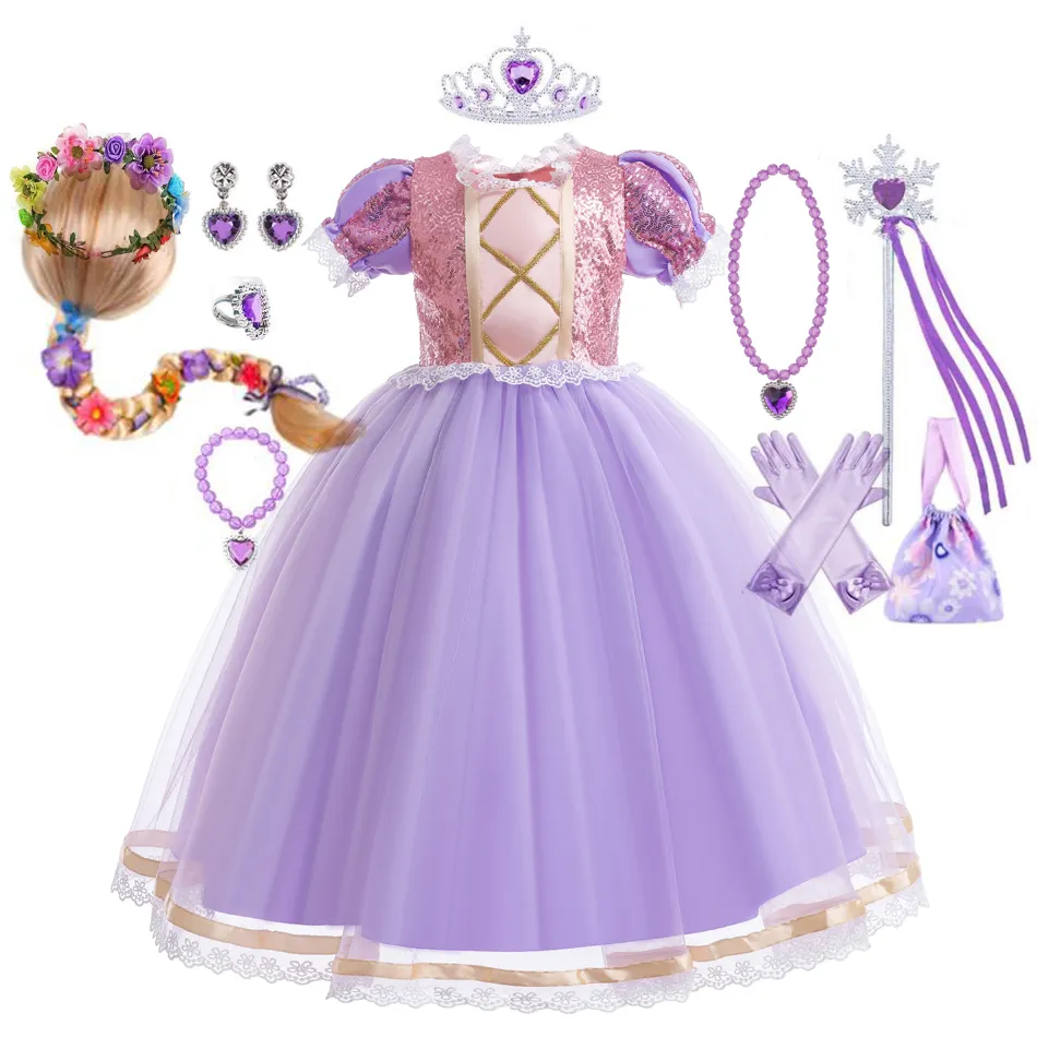 어린이용 라푼젤 드레스, 할로윈 공주 코스프레 의상, 생일 파티 선물, 보라색 스팽글, 메쉬 의류