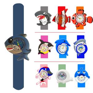 3D 돌고래 상어 장난감, 어린이 시계, 남아/여아 학생 시계, 슬랩 팔찌, 어린이 생일 파티 선물, 아기 만화 물고기 시계