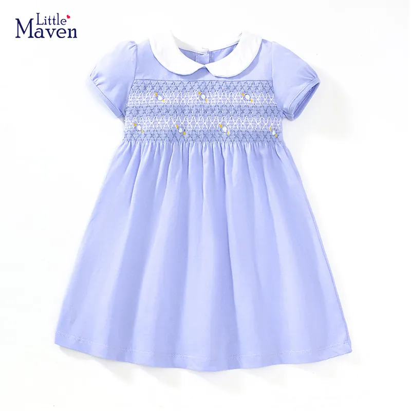 Little Maven 2024 아동복, 여름 공주 블루 원피스, 유아 여아 아동복, 만화 자수 꽃 면