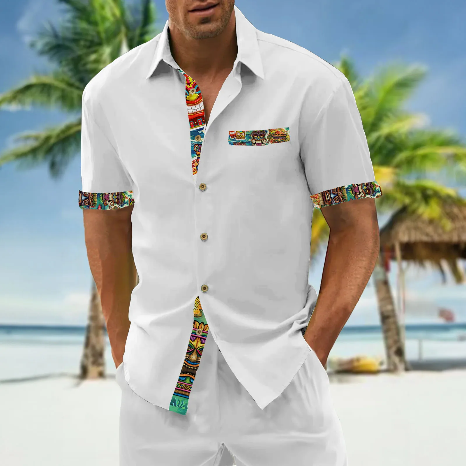 남성용 티키 하와이안 셔츠, 3D 프린트 반팔 셔츠, 심플 캐주얼 상의, 루즈 오버사이즈 남성 의류, 2024 신상
