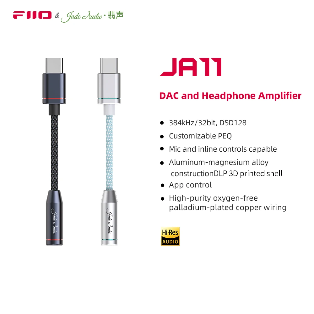 FiiO/JadeAudio JA11 USB C타입-3.5mm 이어폰/헤드폰 어댑터, USB C 케이블-3.5 오디오 보조 케이블, IOS 안드로이드용