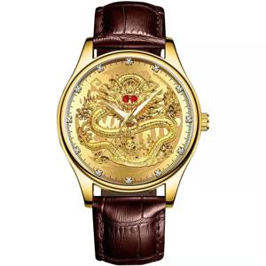 WOKAI 고품질 남성용 레저 벨트 쿼츠 시계, 빛나는 방수 상업 시계, 골든 드래곤, 중국 스타일