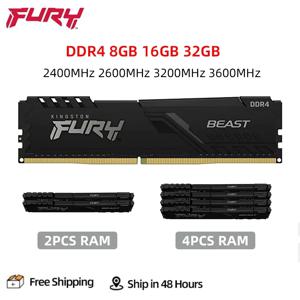 Kingston Fury Beast-데스크탑 메모리 DDR4 8GB 16GB 32GB 3200 2400 2666 3600MHz, 288 핀 1.2V DIMM PC4-19200 21300 25600 DDR4 RAM