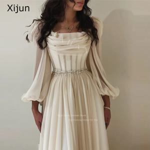 Xijun 시폰 긴 소매 프롬 드레스, 플리츠 크리스탈 구슬 무도회 가운, 격식 있는 파티, 우아한 두바이 이브닝 드레스
