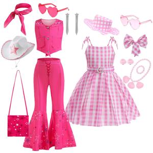 영화 마고 로비 바비 코스튬 별이 빛나는 핑크 조끼 상의 바지 스카프 정장, 여아 할로윈 생일 파티 핑크 격자 무늬 드레스