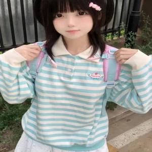 HOUZHOU Y2k 하라주쿠 카와이 후디, 일본 패션, 귀여운 줄무늬 케이크 자수, 느슨한 맨투맨, 부드러운 소녀 풀오버