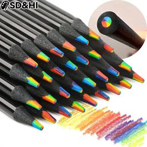 그라데이션 레인보우 연필, 점보 컬러 연필, 아트 드로잉 컬러링 스케치용 여러 가지 빛깔의 연필, 무작위 7 색, 1 개