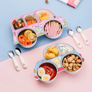 304 스테인리스 스틸 어린이 자동차 접시, 아기 음식 그릇, 창의적인 만화 그리드 플라스틱 접시 세트, 분해 및 세척 가능