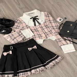 여성용 스위트 칼리지 격자 무늬 패치워크 셔츠 플리츠 스커트 투피스 세트, 한국 패션 활, 레트로 넥타이, 귀여운 기질, 가을 세트