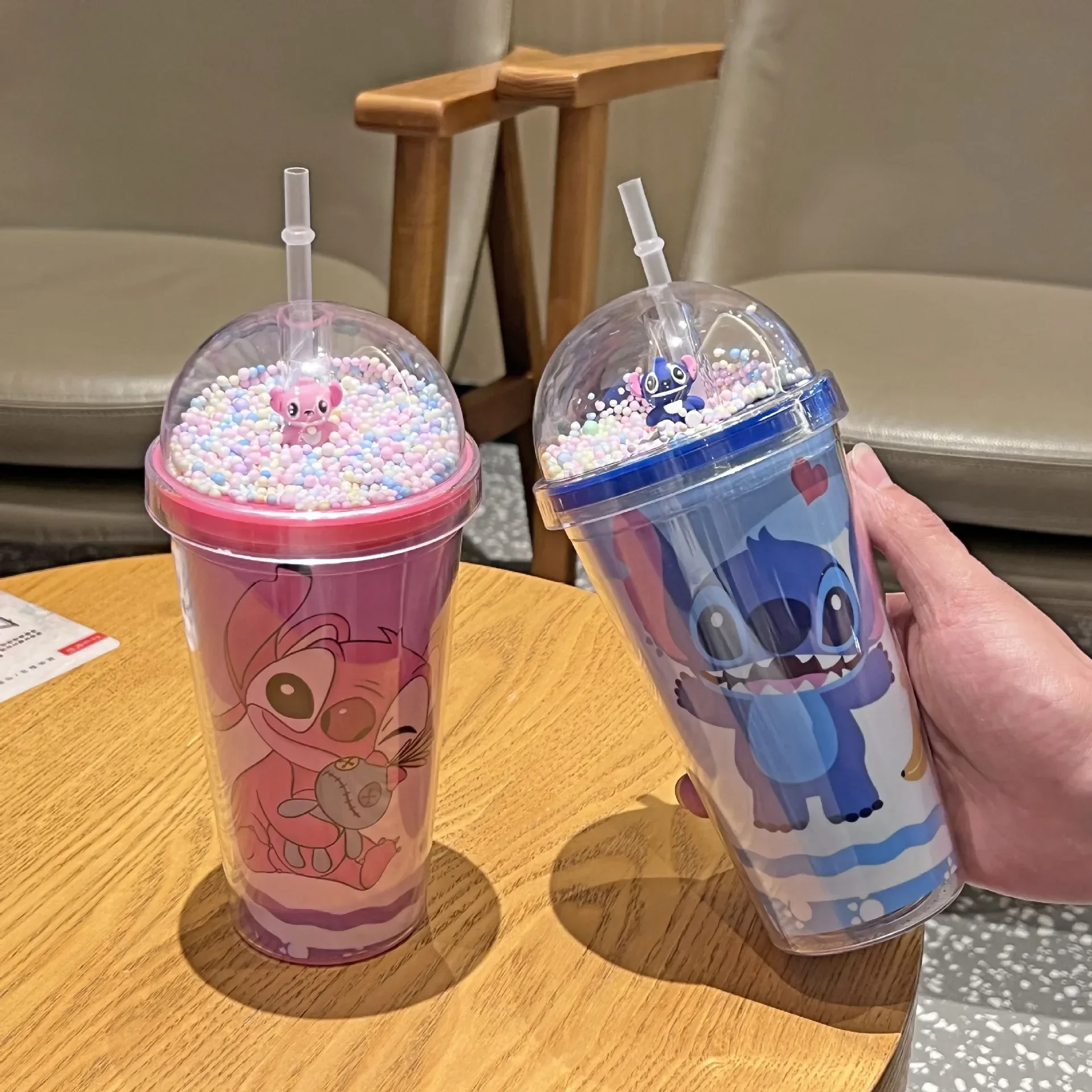 디즈니 플라스틱 물병 컵 뚜껑 텀블러 커피, 애니메이션 스티치 음료 빨대 머그잔, 더블 레이어 커플 소녀 선물, 450ML 스티치