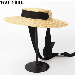 여성용 와이드 브림 밀짚 모자, 플랫 여름 켄터키 더비 모자, 화이트 블랙 리본 타이 썬 햇, 비치 캡, 10cm, 15cm