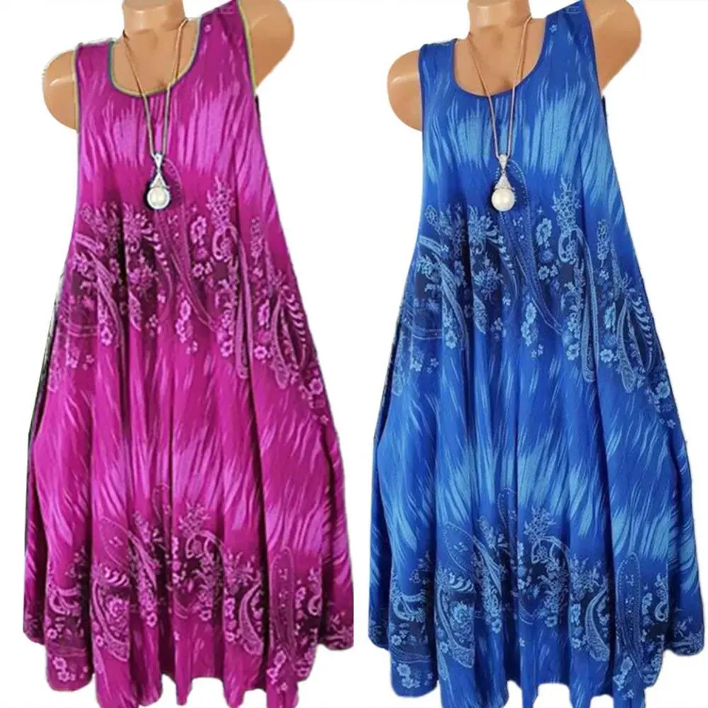 핫 세일!!! 여성용 꽃무늬 프린트 라운드 넥 민소매, 루즈 플리츠 플러스 탱크 드레스, 여름