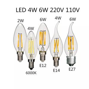 LED 전구 C35, E14, E12, E27, 220V, 110V, 조도 조절 가능, 2W, 4W, 6W 디자인, 에너지 절약 양초, 따뜻한 흰색 필라멘트 조명, 360 도 램프, 10 개
