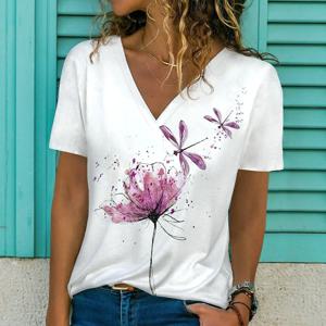 여성용 짧은 소매 V넥 오버사이즈 티셔츠, 여성용 화이트 패션 티셔츠, 3D 잠자리 프린트 탑, 캐주얼 의류, 여름