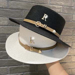 여성용 플랫 탑 밀짚 모자, 메탈 R 문자, 패셔너블 비치 태양 모자, 우아한 휴일 보트 모자, 여름 신상