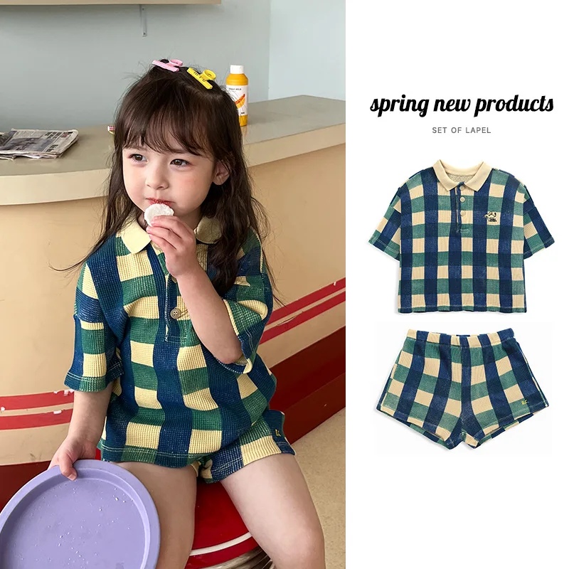 2024 INS 어린이 티셔츠, 한국 스타일, 귀엽고 귀여운 원피스 폴로 탑, 와플 세트, 여름 의류
