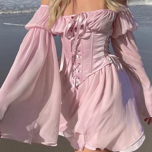 페어리 핑크 시폰 미니 드레스, 시크한 여성용 밴디지 코르셋, 빈티지 롱 퍼프 슬리브 선드레스, 슬래시 넥, 들러리 바디콘 비치