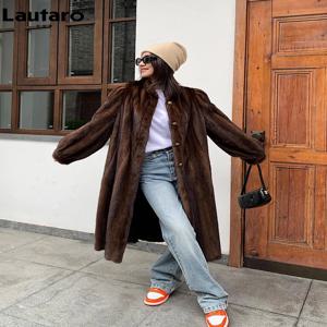 Lautaro 여성용 긴 갈색 두껍고 따뜻한 부드러운 인조 밍크 모피 코트, 우아한 퍼프 소매, 럭셔리 시크 푹신한 모피 오버코트 2023, 겨울