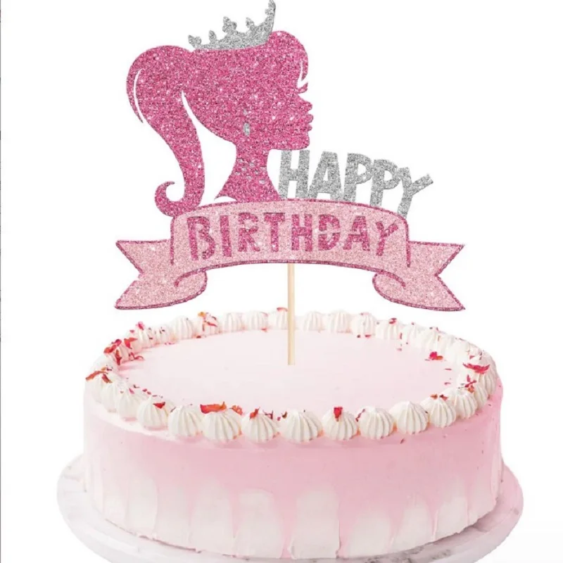 바비 핑크 소녀 공주 케이크 토퍼 테이블 장식, 장미 다이아몬드 생일 파티 용품, 종이 컵 접시 풍선 아기