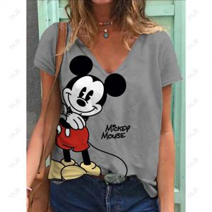 여성용 캐주얼 반팔 V넥 루즈 티셔츠, 5XL 상의, 3D 디즈니 미니 미키 마우스, 여름 통기성 의류, 신제품
