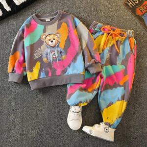 용수철 유아 아기 의류 세트, 낙서 스웨터 및 바지 복장, 만화 곰 상의 및 하의 운동복, 소년 소녀 패션