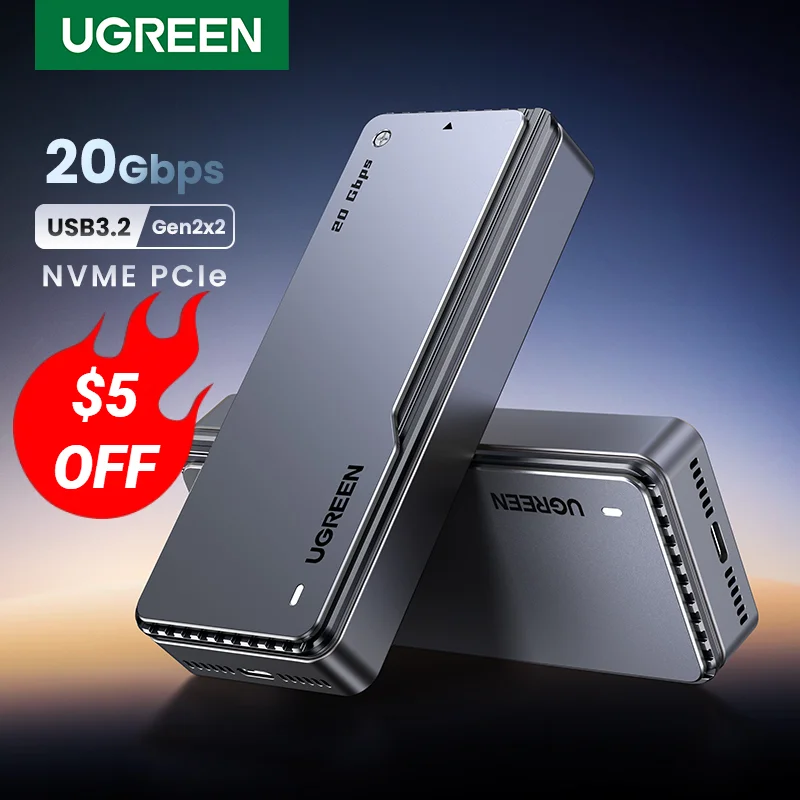 UGREEN 20Gbps NVMe SSD 케이스, 냉각 조끼 내장, 알루미늄 SSD 인클로저, M.2-USB3.2, Gen2x2 SSD 어댑터, M.2 NVME PCIE 케이스