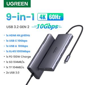 UGREEN 10Gbps USB C 허브 4K 60Hz C 타입 HDMI RJ45 이더넷 PD100W 맥북 아이패드 화웨이 삼성 PC 태블릿 폰 USB 3.0 허브용