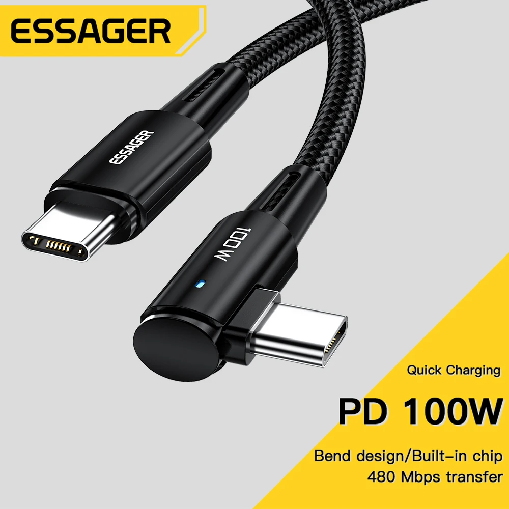 Essager 100W USB 타입 C-USB C 케이블 90도 각도 아이패드 맥북 프로용 샤오미 삼성 화웨이 고속 충전 타입-C 데이트 와이어