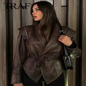 TRAF 여성용 스트리트 가죽 재킷, 다용도 다크 브라운 긴팔, V넥 싱글 브레스트, 레이스업 캐주얼 코트, 2024 용수철