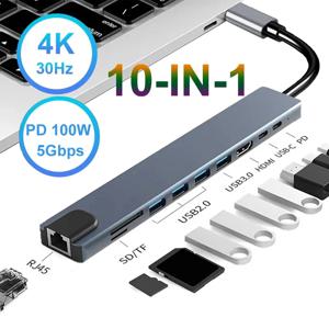 USB C 허브 도킹 스테이션, 맥북, 아이패드, 화웨이, 삼상폰용, C타입-HDMI 호환, RJ45 이더넷, PD100W, 4K 30Hz, 10 in 1