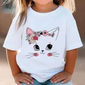 여아용 꽃 고양이 그래픽 티셔츠, 키티 상의, 흰색 반팔 와일드 티, 귀여운 동물 만화 고양이 티셔츠, 여름
