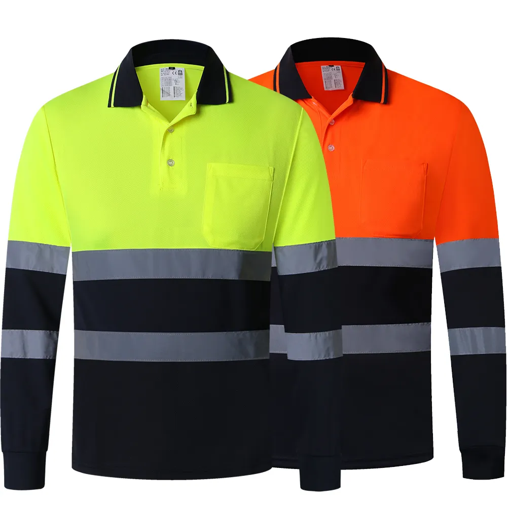 투톤 긴팔 안전 폴로 셔츠, 하이 비스 작업 셔츠, 주머니가 있는 고가시성 반사 셔츠, 오렌지