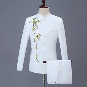 남성용 캐주얼 부티크 맞춤 인쇄 스탠드 업 칼라 중국 튜닉 블레이저, 정장 재킷 바지 및 2023 패션, 2 개 세트