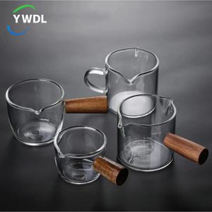 YWDL 목재 손잡이 유리 에스프레소 측정 컵, 단일 입 우유 주전자, 커피 용품, 투명 주방 측정 머그잔, 50 ml, 75 ml, 100 ml, 140ml
