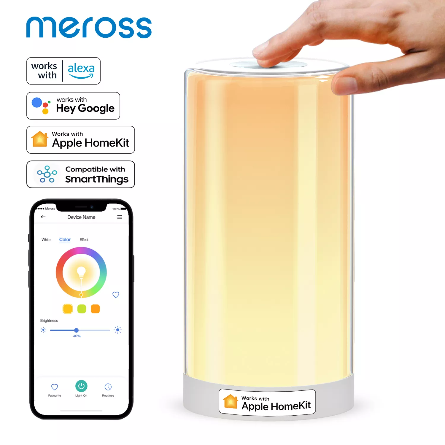 Meross 홈키트 스마트 테이블 램프, RGBWW LED Wi-Fi 야간 램프, 터치 센서 밝기 조절 가능, 침대맡 조명, 알렉사 구글 어시스턴트 지원, 6W