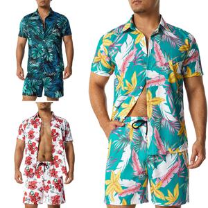 남성용 패션 프린트 세트, 옷깃 반팔, 캐주얼 셔츠, 해변 반바지 세트, 여름 휴가, 하와이 정장, S-5XL, 11 가지 색상