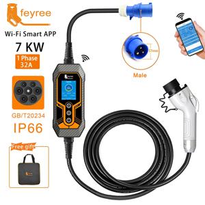 Feyree GB/T 휴대용 EV 충전기, 전기차용 CEE 플러그, 1 상 앱 블루투스 버전, EVSE 11KW, 16A, 3 상 케이블, 5m, 32A, 7KW