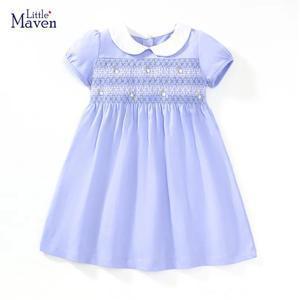 Little Maven 2024 아동복, 여름 공주 블루 원피스, 유아 여아 아동복, 만화 자수 꽃 면