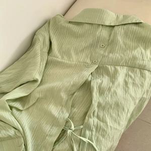 솔리드 보우 폴로 칼라 긴팔 셔츠 여성 가을 새로운 캐주얼 올 매칭 텍스처 탑 겉옷