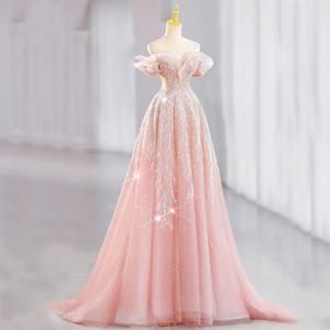 DongCMY Dreamy 핑크 온 더 런 공주 이브닝 드레스, 여성 하이엔드 약혼 드레스, 우아한 웨딩 파티 드레스
