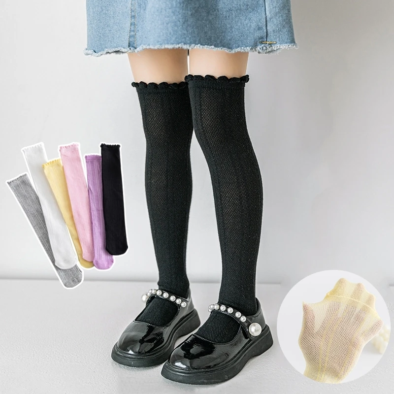 용수철 가을 아기 소녀 귀여운 양말, 블랙 화이트 컬러 메쉬 통기성 교복 양말, 무릎 높이 긴 어린이 양말