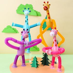 어린이 흡입 컵 기린 장난감 팝업 튜브, 텔레스코픽 기린 창의적인 아기 퍼즐, 스트레스 방지 감압 장난감