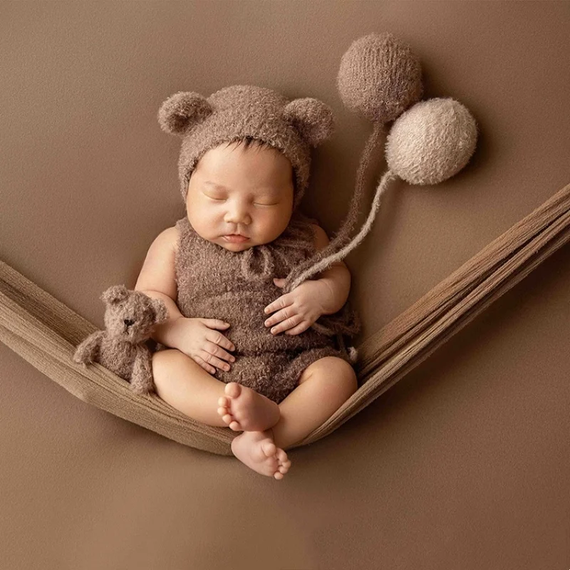 신생아 사진 곰 코스튬 니트 풍선 장식 소품, 아기 봉제 모자 점프수트 세트, 사진 스튜디오 촬영 액세서리