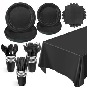 단색 블랙 테마 슈퍼 걸스 생일 장식 파티 일회용 식기, 종이 냅킨 컵 접시, 식탁보 빨대