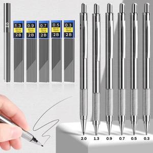 금속 기계식 연필 세트, 0.3 0.5, 0.7, 0.9, 1.3, 2.0mm, HB 리드 리필, 아트 리드 거치대, 초안 드로잉 쓰기용 금속 마커