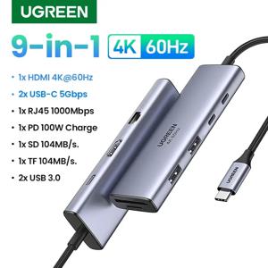 UGREEN 맥북 에어 프로 아이패드 프로 M2 M1 PC 액세서리용 USB 3.0 허브, C타입-HDMI 2.0, RJ45 PD 100W 어댑터, 4K 60Hz