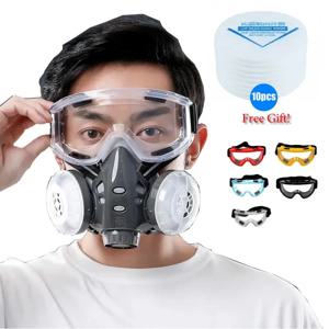 하프 페이스 마스크 먼지 안전 고글 도색 가스 마스크 호흡기 세트, 10 필터, 듀얼 KN95 필터, 안전한 방진 보호 마스크