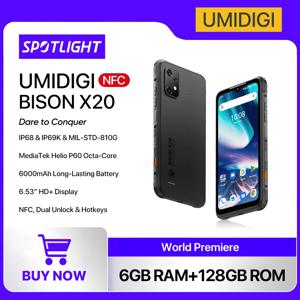 UMIDIGI BISON X20 견고한 스마트폰, 안드로이드 13, MTK 헬리오 P60 옥타코어, 6.53 인치 HD, 6 + 6GB, 128GB, 6000mAh 배터리, NFC AGPS, IP68, IP69K