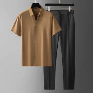 남성용 단색 아이스 실크 반팔 셔츠 세트, 편안한 캐주얼, 통기성 투피스 세트, 2024 여름 신상 패션